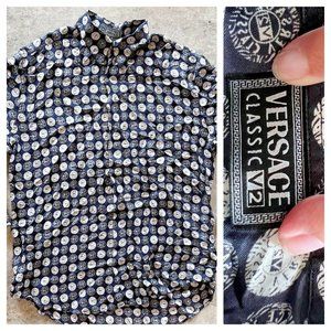 Vintage Y2K Versace Logo Silk Print Shirt L Large 16 1/2 42 Italy black white